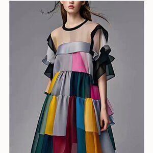 Formal, classy chiffon/satin patchwork midi dress, SooLinen, size 3X = US 16-18